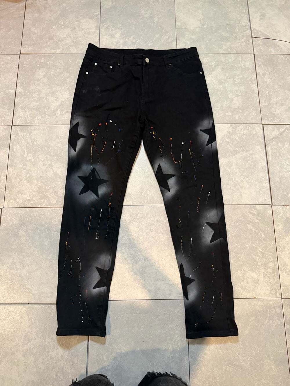 Manfinity Star Print Jeans Size 34 Black Cotton Elastane Spray Paint